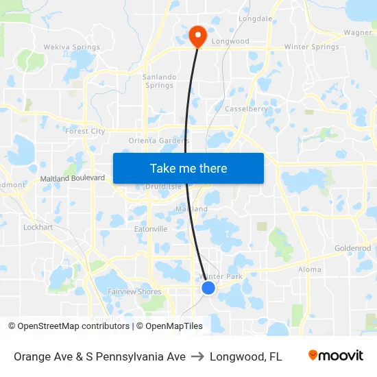 Orange Ave & S Pennsylvania Ave to Longwood, FL map