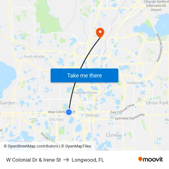 W Colonial Dr & Irene St to Longwood, FL map