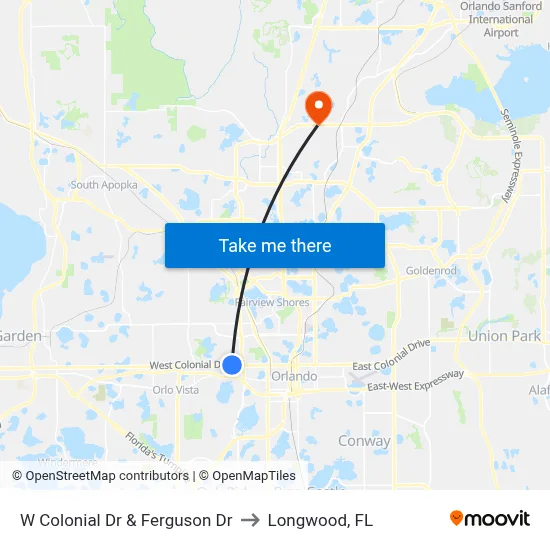 W Colonial Dr & Ferguson Dr to Longwood, FL map