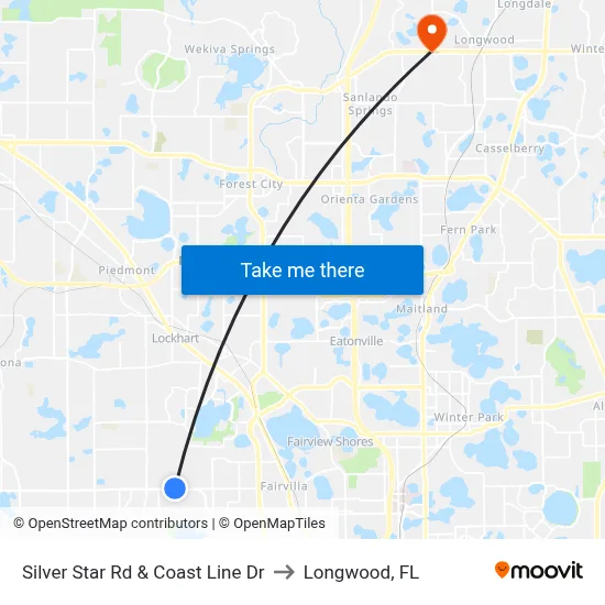 Silver Star Rd & Coast Line Dr to Longwood, FL map