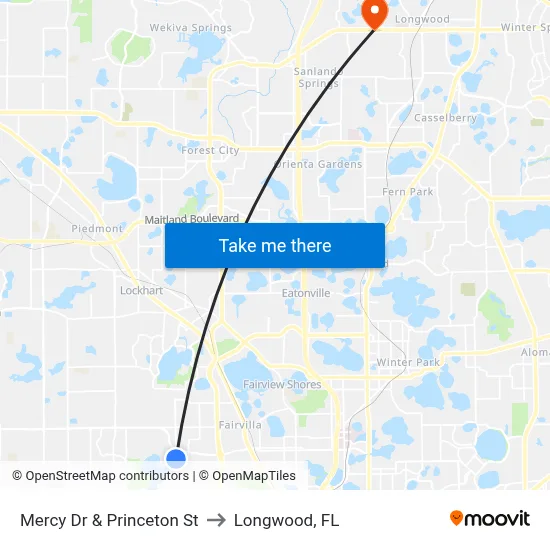 Mercy Dr & Princeton St to Longwood, FL map