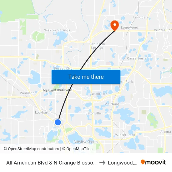 All American Blvd & N Orange Blossom Trl to Longwood, FL map