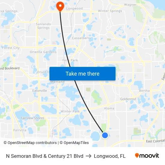N Semoran Blvd & Century 21 Blvd to Longwood, FL map