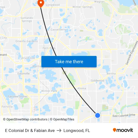 E Colonial Dr & Fabian Ave to Longwood, FL map