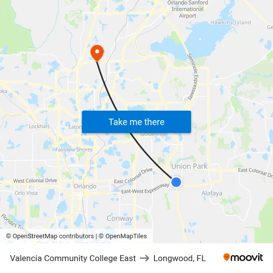 Valencia Community College East to Longwood, FL map