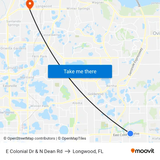 E Colonial Dr & N Dean Rd to Longwood, FL map