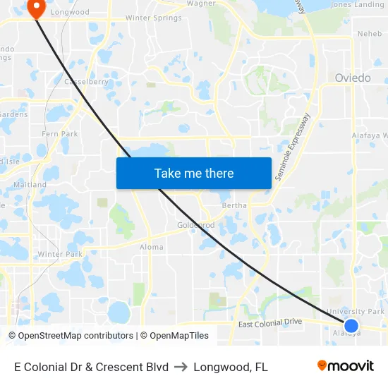 E Colonial Dr & Crescent Blvd to Longwood, FL map