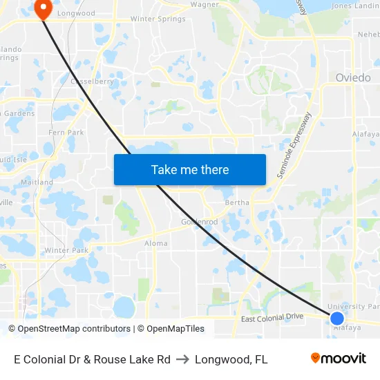 E Colonial Dr & Rouse Lake Rd to Longwood, FL map