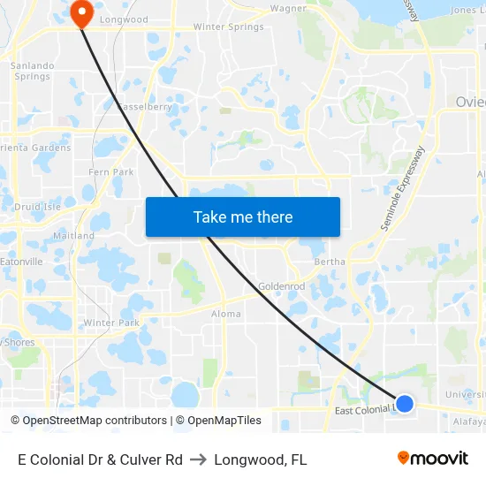E Colonial Dr & Culver Rd to Longwood, FL map