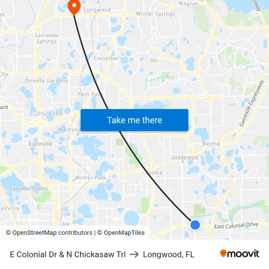 E Colonial Dr & N Chickasaw Trl to Longwood, FL map