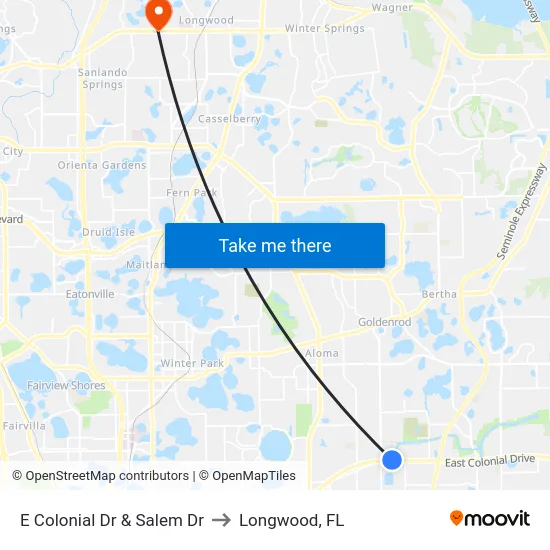 E Colonial Dr & Salem Dr to Longwood, FL map