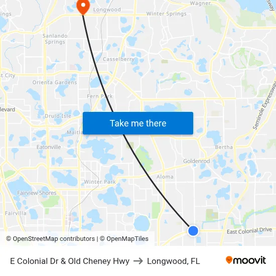 E Colonial Dr & Old Cheney Hwy to Longwood, FL map