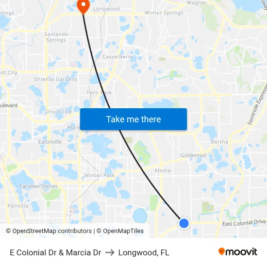 E Colonial Dr & Marcia Dr to Longwood, FL map