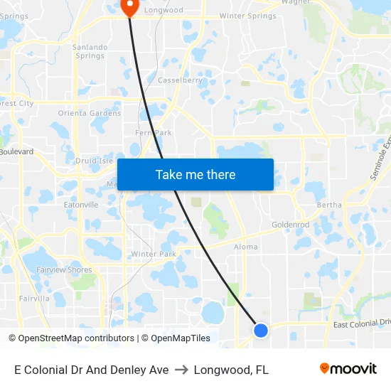 E Colonial Dr And Denley Ave to Longwood, FL map