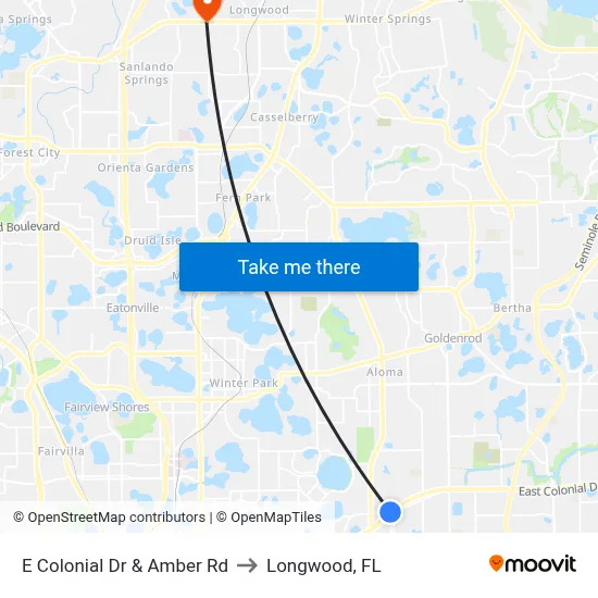 E Colonial Dr & Amber Rd to Longwood, FL map
