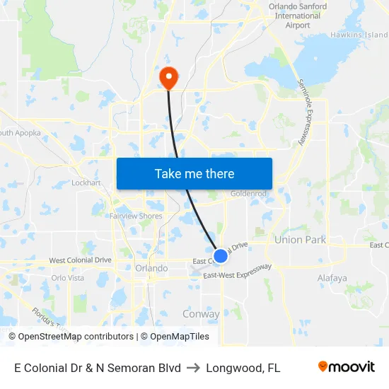E Colonial Dr & N Semoran Blvd to Longwood, FL map