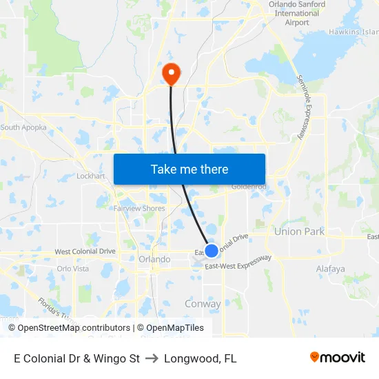 E Colonial Dr & Wingo St to Longwood, FL map