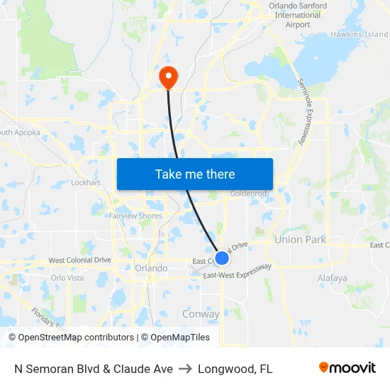 N Semoran Blvd & Claude Ave to Longwood, FL map