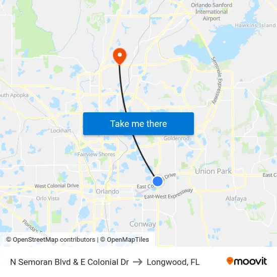 N Semoran Blvd & E Colonial Dr to Longwood, FL map