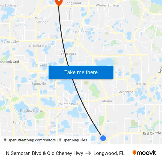 N Semoran Blvd & Old Cheney Hwy to Longwood, FL map