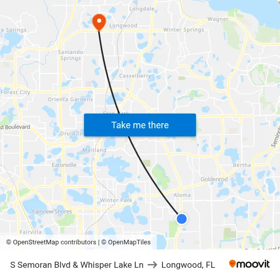S Semoran Blvd & Whisper Lake Ln to Longwood, FL map
