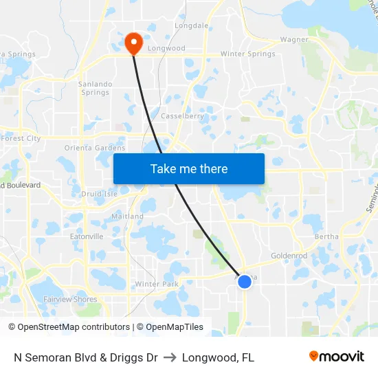 N Semoran Blvd & Driggs Dr to Longwood, FL map