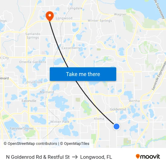 N Goldenrod Rd & Restful St to Longwood, FL map