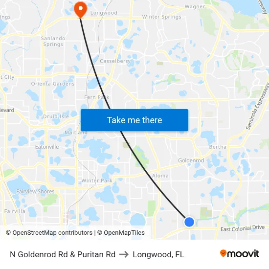 N Goldenrod Rd & Puritan Rd to Longwood, FL map
