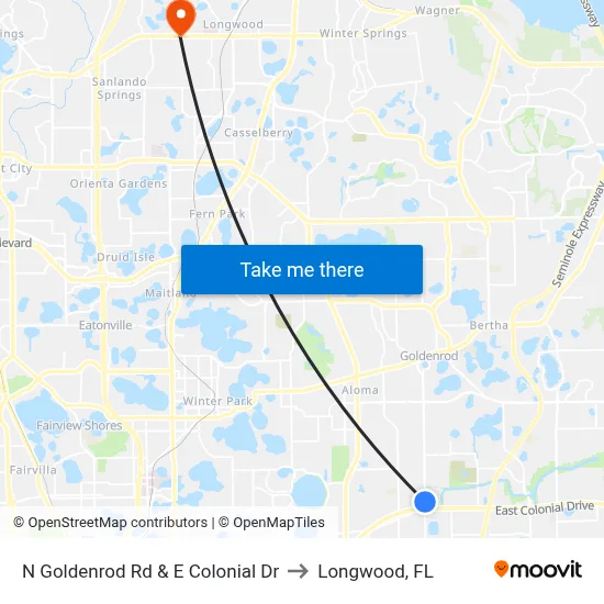 N Goldenrod Rd & E Colonial Dr to Longwood, FL map
