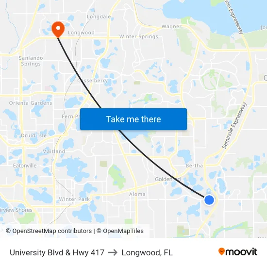 University Blvd & Hwy 417 to Longwood, FL map