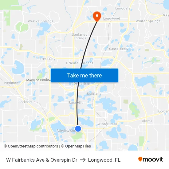 W Fairbanks Ave & Overspin Dr to Longwood, FL map