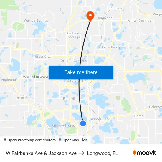 W Fairbanks Ave & Jackson Ave to Longwood, FL map