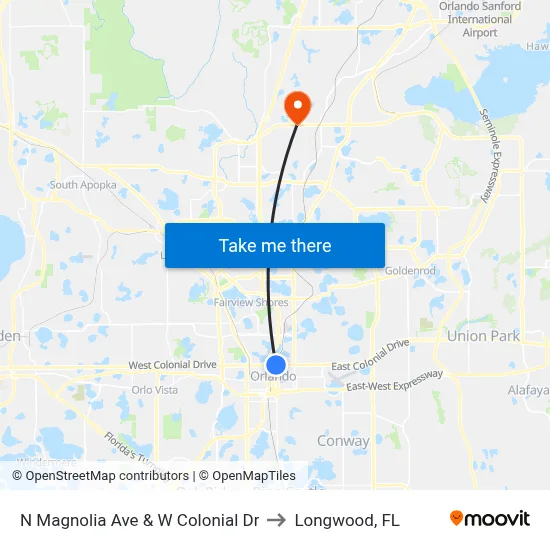 N Magnolia Ave & W Colonial Dr to Longwood, FL map