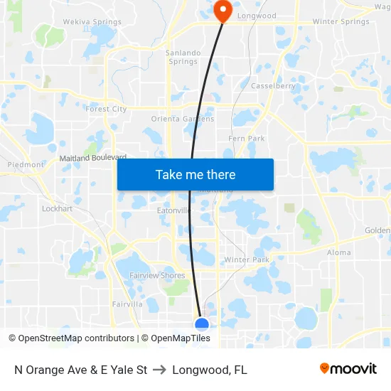 N Orange Ave & E Yale St to Longwood, FL map