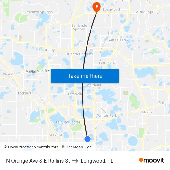 N Orange Ave & E Rollins St to Longwood, FL map