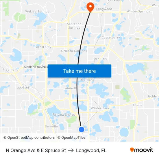 N Orange Ave & E Spruce St to Longwood, FL map