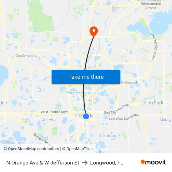 N Orange Ave & W Jefferson St to Longwood, FL map