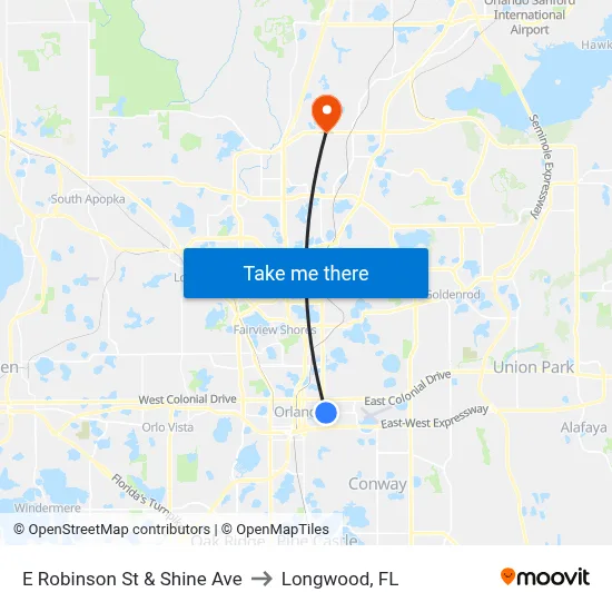 E Robinson St & Shine Ave to Longwood, FL map