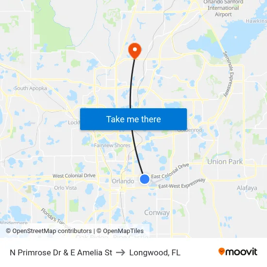 N Primrose Dr & E Amelia St to Longwood, FL map