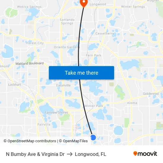 N Bumby Ave & Virginia Dr to Longwood, FL map