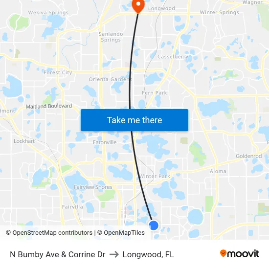 N Bumby Ave & Corrine Dr to Longwood, FL map