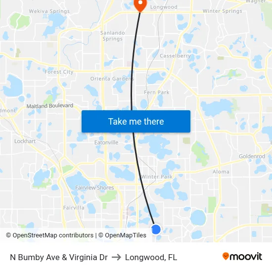 N Bumby Ave & Virginia Dr to Longwood, FL map