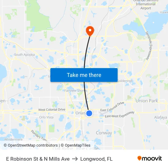 E Robinson St & N Mills Ave to Longwood, FL map
