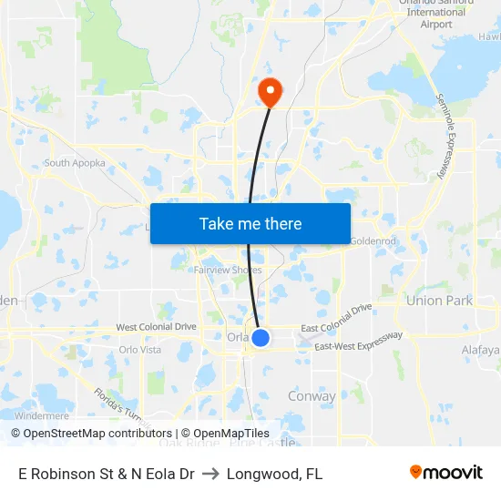 E Robinson St & N Eola Dr to Longwood, FL map