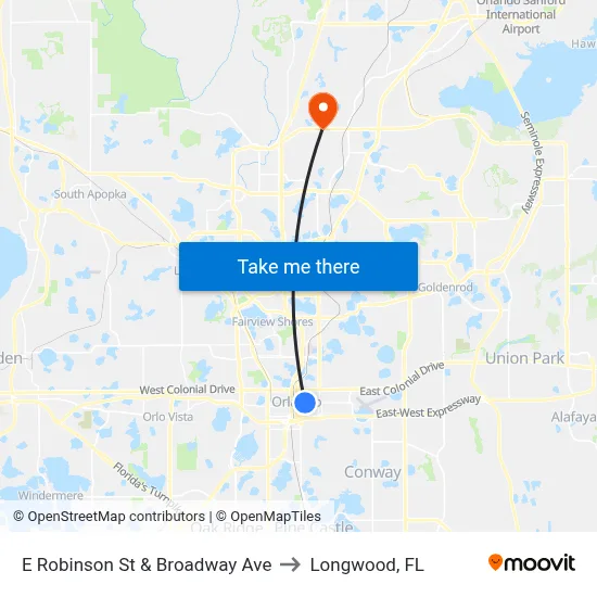 E Robinson St & Broadway Ave to Longwood, FL map