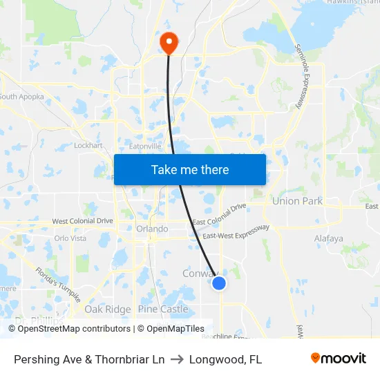 Pershing Ave & Thornbriar Ln to Longwood, FL map