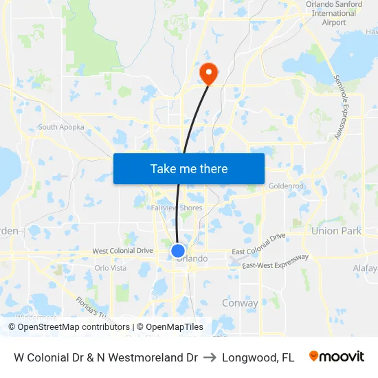 W Colonial Dr & N Westmoreland Dr to Longwood, FL map
