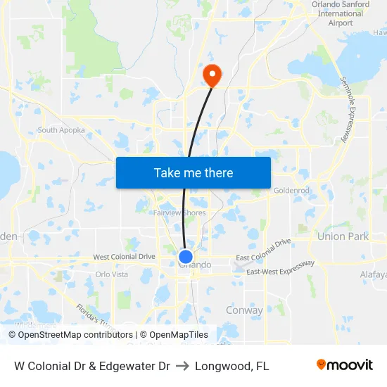 W Colonial Dr & Edgewater Dr to Longwood, FL map