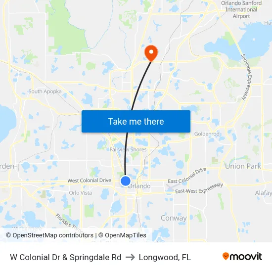W Colonial Dr & Springdale Rd to Longwood, FL map