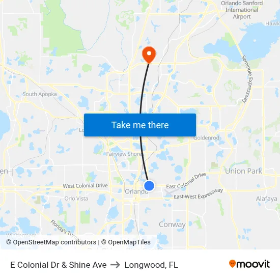 E Colonial Dr & Shine Ave to Longwood, FL map